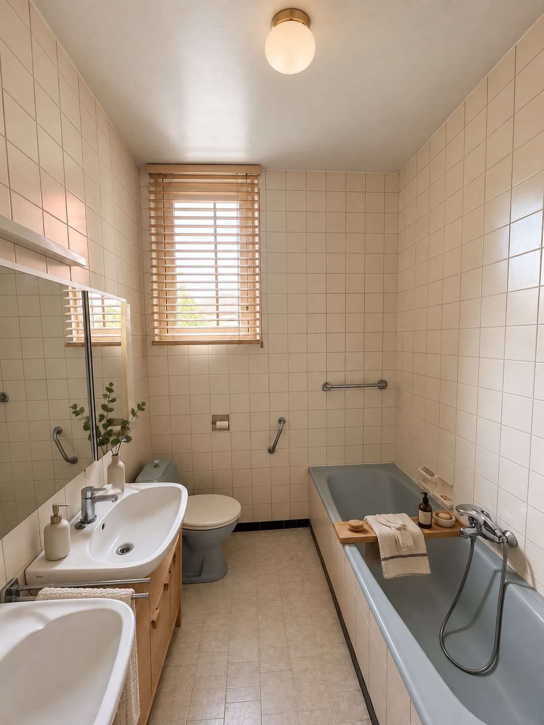 Dezelfde badkamer met jaloezieën en accenten