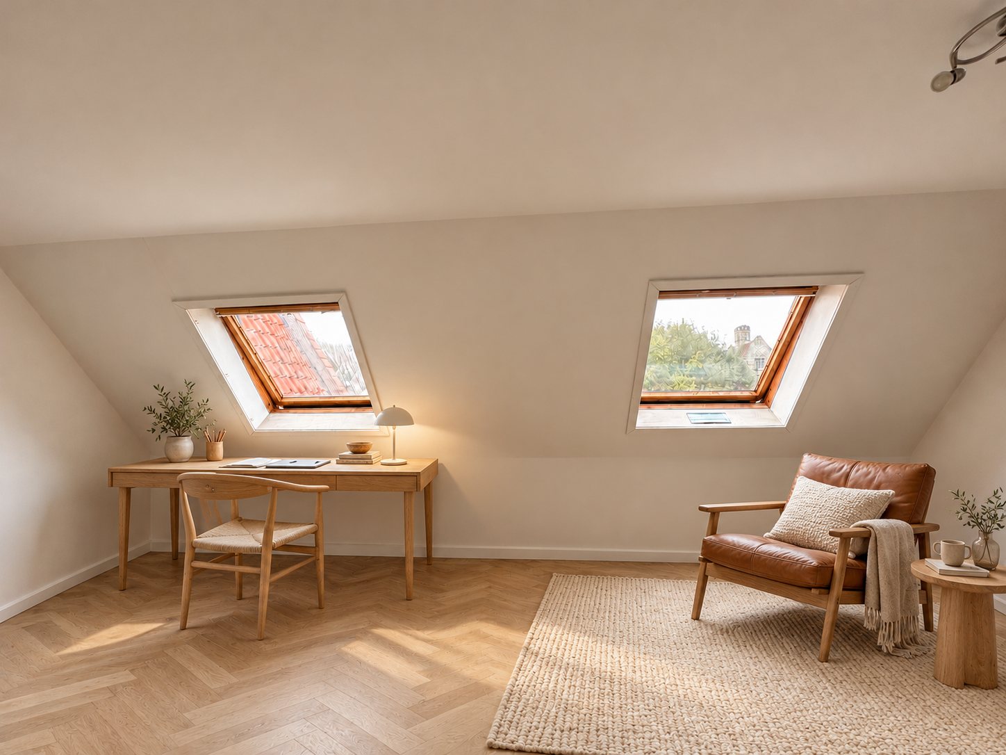 La même pièce aménagée avec bureau et fauteuil