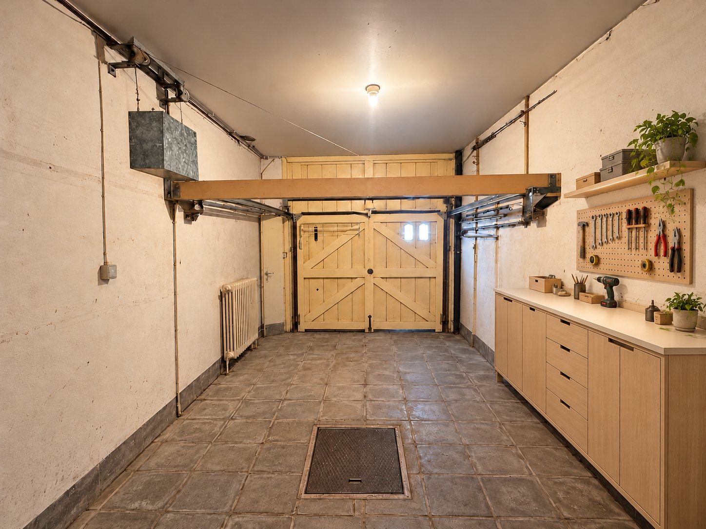 Le même garage avec meuble-établi et panneau d'outils