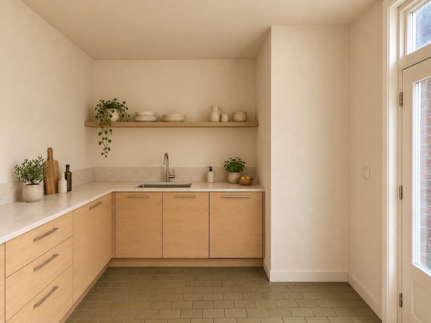 Dezelfde keuken ingericht met eikenhouten kasten en spoelbak