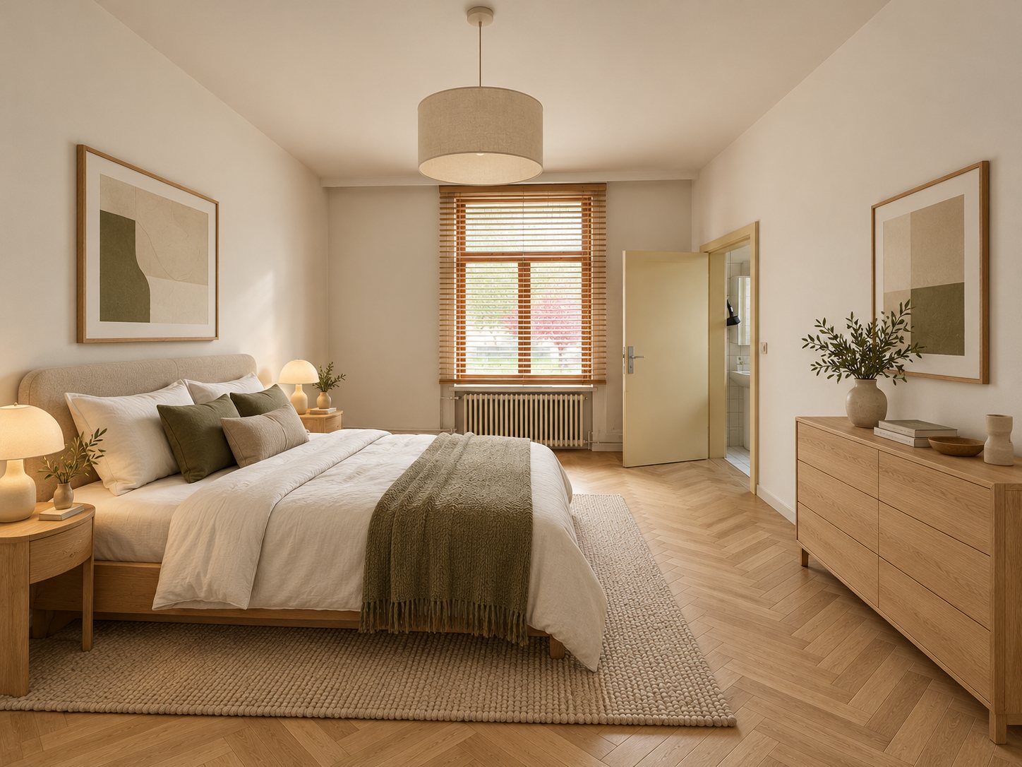 Dezelfde slaapkamer ingericht met bed en commode