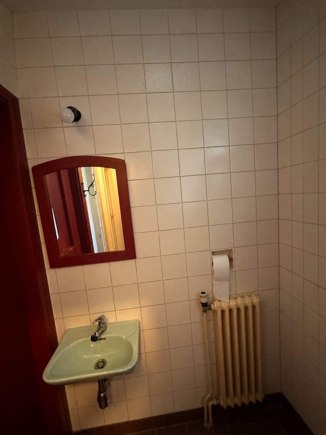 Les toilettes avec lavabo, miroir et radiateur