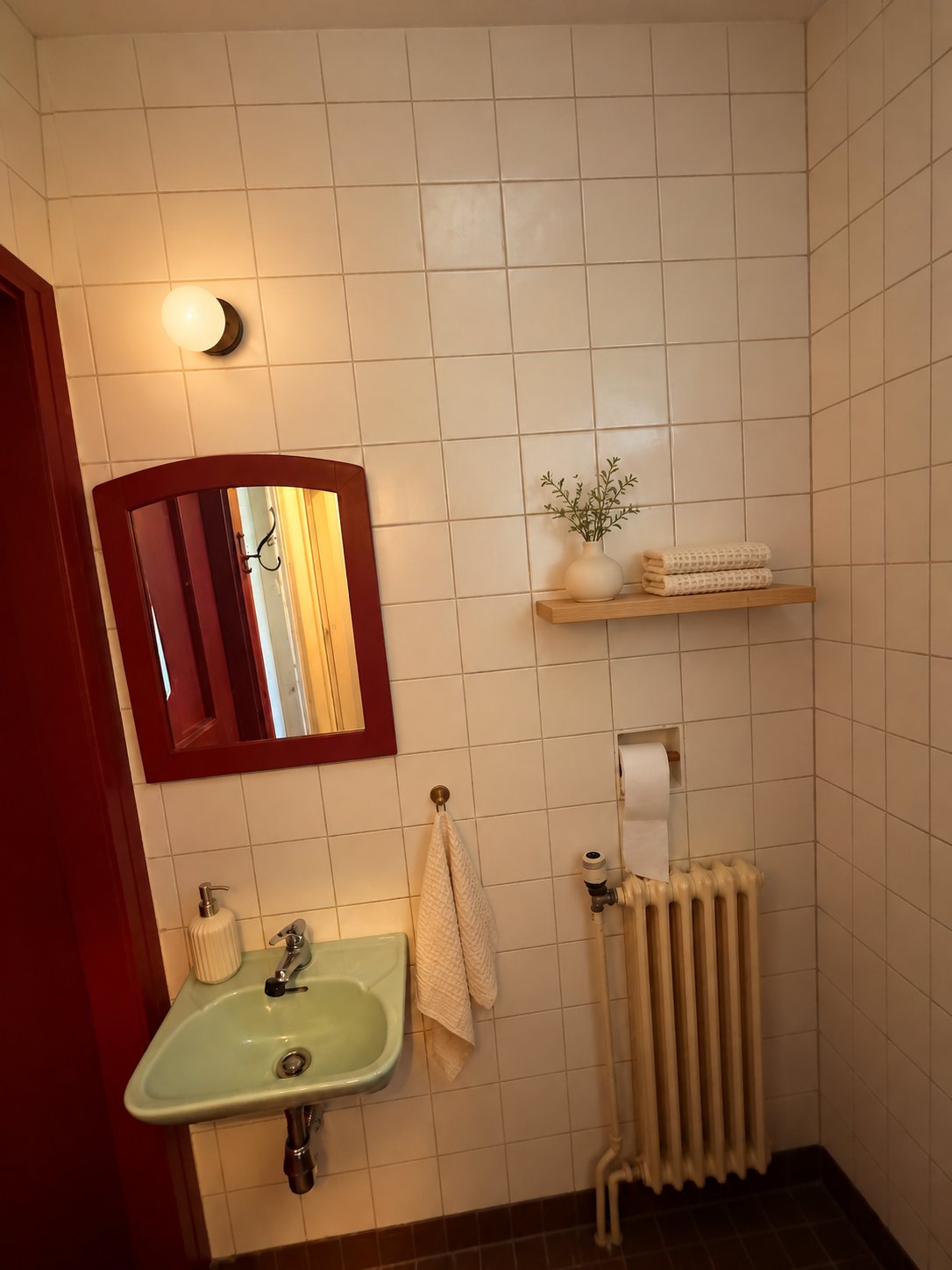 Les mêmes toilettes avec étagère, plante et serviettes