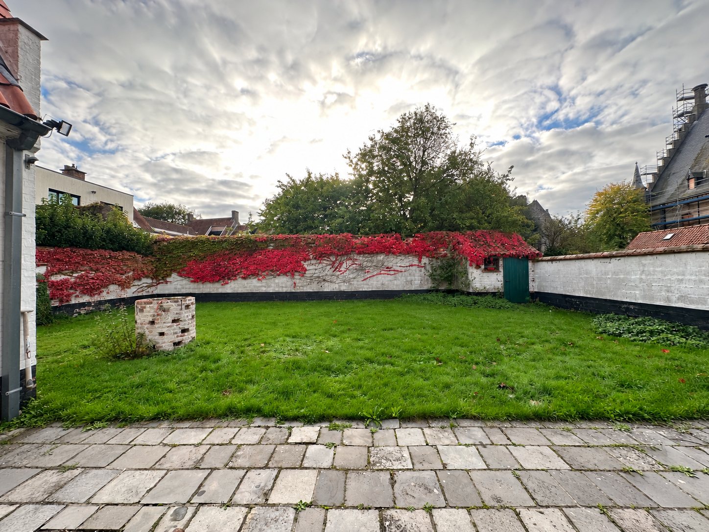 Le jardin vide avec pelouse et fond clos de murs
