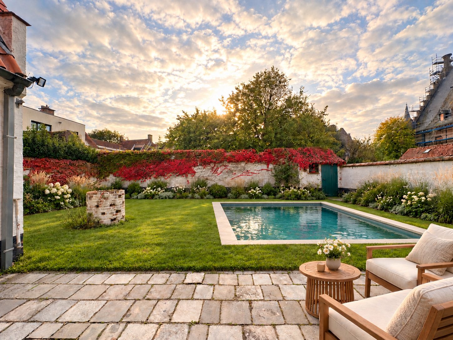 Le même jardin avec une piscine dans la pelouse